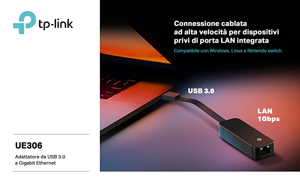 TP-Link UE306, adattatore USB Gigabit Ethernet, compatibile con nintendo Switch, Windows e Linux