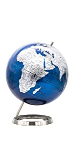 EXERZ 25CM Mappamondo/Globo in Blu Metallizzato in Inglese - con una base in acciaio inossidabile