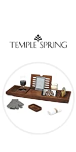 Temple Spring Dark Bamboo Bath Caddy with candle, wine glass, book, tablet, ipad & phone holder