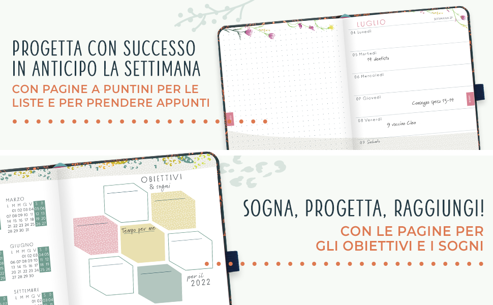Le pagine per obietti e sogni e il layout settimanale con una sezione a puntini per note.