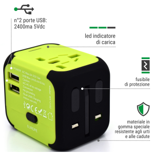 Adattatore universale viaggio 2 porte Usb 2400mA