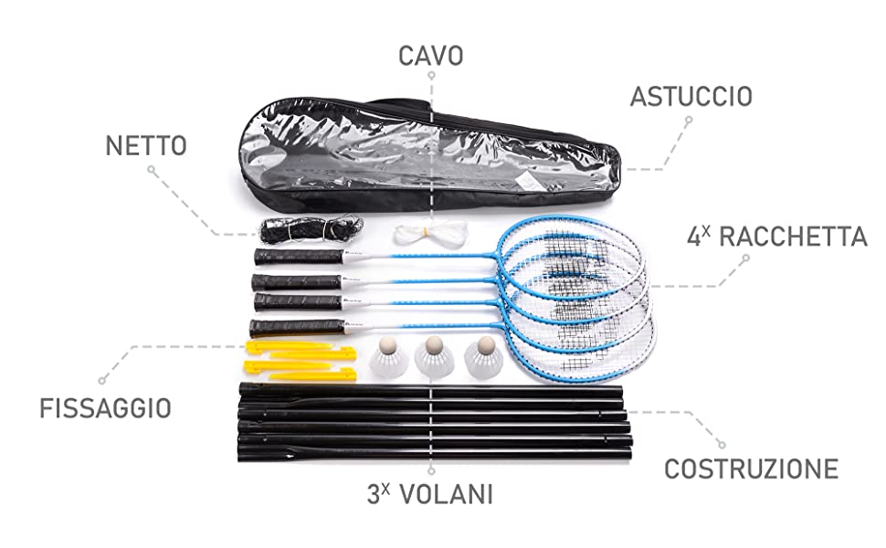 Set Badminton per 2 o 4 Giocatori - Racchette 3 Volani 1 Rete - Set Perfetto per Bambini Ragazzi e