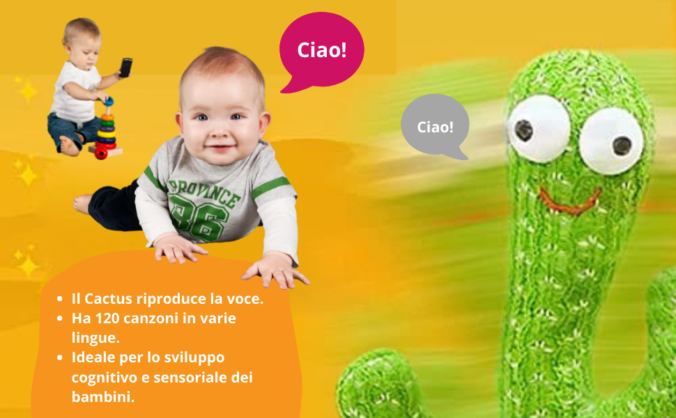 cactus, ballerina, canzoni, giochi, voce, luci, batteria, lingue, giocattolo, bambini, peluche