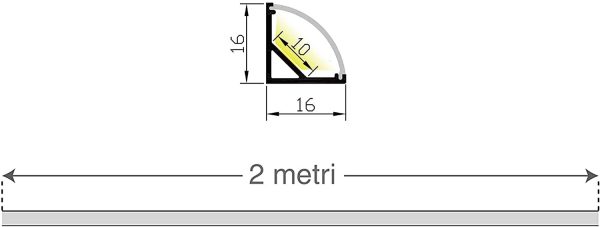 1x 2metri 1616 16x16mm PROFILO ALLUMINIO ANGOLARE PER STRISCE STRIP LED BARRA RIGIDA 2m 2MT + COPERTURA (1x 2metri 1616 milk) - immagine 2