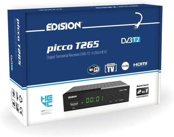 Decoder DVB-T2 HD EDISION PICCO T265 Ricevitore Digitale Terrestre Full HD DVBT2 H265 HEVC 10 Bit Bonus TV, FTA, USB, HDMI, SCART, Sensore IR, Supporto USB WiFi, Telecomando Universale 2in1, Main 10 - immagine 2