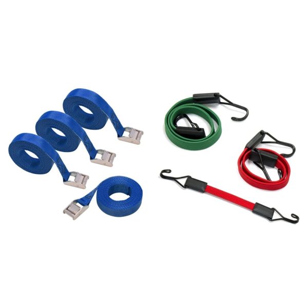 Amazon Basics Cinghie di fissaggio, lunghezza 2.5 m, larghezza 25 mm & Corde elastiche piatte, 80 cm, 60 cm - immagine 3