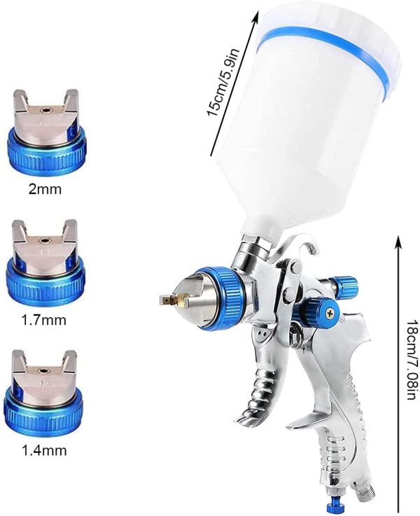 Furado Pistola a Spruzzo,HVLP Pistola Verniciatura Professionale, Aria Alimentazione a gravit?? Kit Pistola Pneumatica per Vernice,Contenitore 600CC Aerografo,3 Ugelli 1.4mm 1.7mm 2.0mm(Blu) - immagine 4