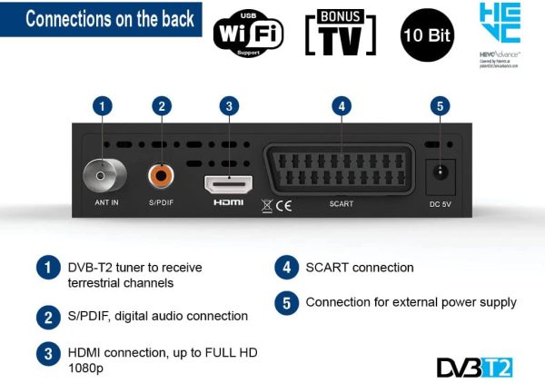 Decoder DVB-T2 HD EDISION PICCO T265 Ricevitore Digitale Terrestre Full HD DVBT2 H265 HEVC 10 Bit Bonus TV, FTA, USB, HDMI, SCART, Sensore IR, Supporto USB WiFi, Telecomando Universale 2in1, Main 10 - immagine 4