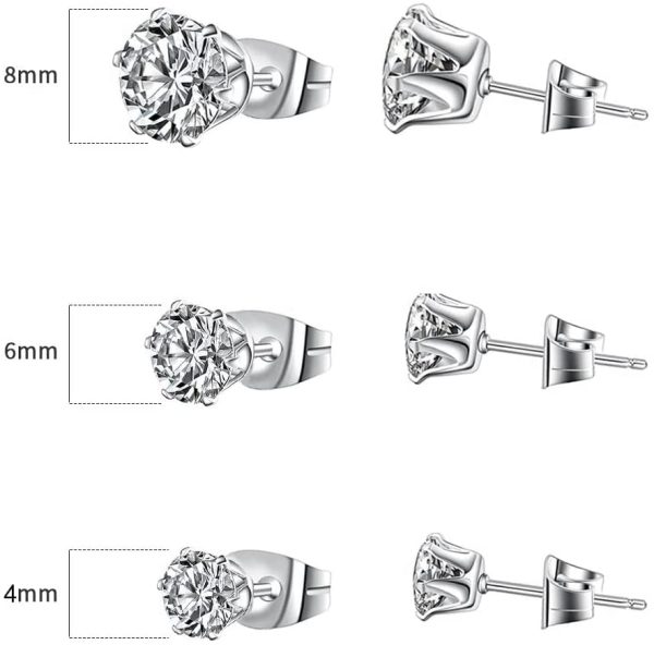 6 Paias Orecchini Acciaio Inossidabile Donna Uomo in Zircone Zirconia Cubica??Orecchini set Argento 4mm 6mm 8mm (6 Paias)??-?? - immagine 2