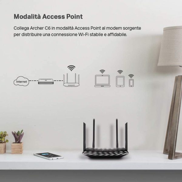 Archer C6 Gigabit Router Wi-Fi Dual Band AC1200 Wireless, 5 Porte Gigabit, 4 Antenne Esterne e 1 Antenna Interna, 2.4GHz/5GHz, Modalit?? Access Point, MU-MIMO, Rete Ospite, Nero - immagine 2