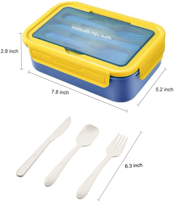 BIBURY Porta Pranzo,Lunch Box Prova di Perdite per Bambini e Adulti,Bento Box con 3 Scomparti e Posate(Forchetta e Cucchiaio),Portapranzo senza BPA,Sicuri per Microonde e Lavastoviglie - blu e giallo - immagine 4