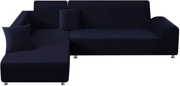 Copridivano con Penisola Elasticizzato Chaise Longue Sofa Cover Componibile in Poliestere a Forma di L(Blu Scuro, 2 Posti+3 Posti) - immagine 2