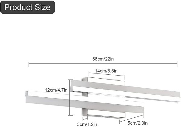 Luce da specchio LED Luce bianca fredda 6000 K Luce per bagno 56CM Luce da specchio bagno Lampada led per specchio bagno Applique da parete interno moderno led 14W IP44 Cromo - immagine 7
