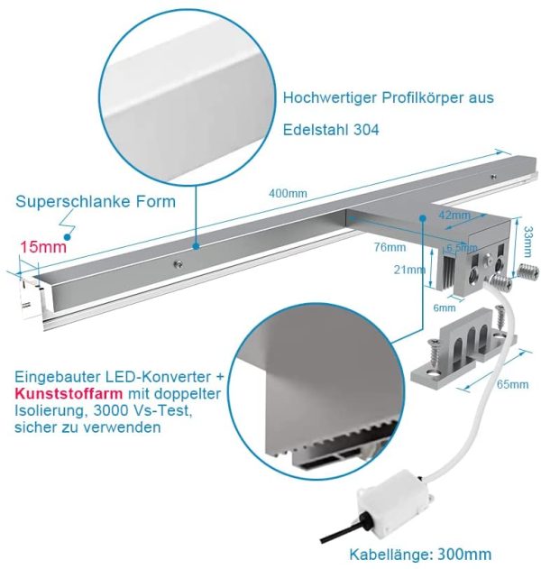 Luce Specchio Bagno Led,molto luminoso 10W 1100 lm, Lampada da Specchio Bagno, 4000k bianco naturale 230v IP44 - immagine 5