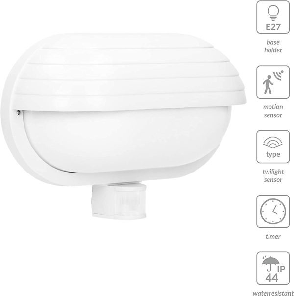 MUSAM E27 Lampada da Esterno con Sensore di Movimento -- Fino a 60W -- IP44 -- Impermeabile (lampadina Acquistata Separatamente) (Bianco) - immagine 5