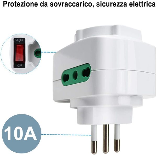 Adattatore Multipresa Tripla,con protezione sovraccarico ed interruttore,Adattatori da Schuko a Spina Piccola 10A,Spina Rotante,Bianco,Confezione da 2 - immagine 3