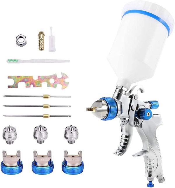 Furado Pistola a Spruzzo,HVLP Pistola Verniciatura Professionale, Aria Alimentazione a gravit?? Kit Pistola Pneumatica per Vernice,Contenitore 600CC Aerografo,3 Ugelli 1.4mm 1.7mm 2.0mm(Blu)