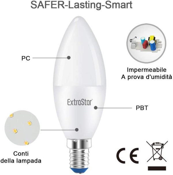 Lampadine LED Candela,E14,8W Equivalenti a 64W,3000K,luce bianca calda,Confezione da 6 - immagine 2