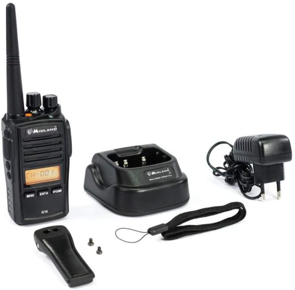 G18 Radio Ricetrasmittente Walkie Talkie - 1 Ricetrasmettitore Semi Professionale, Pacco Batteria Ricaricabile Li-Ion (1600 Mah), Caricabatterie da Tavolo, Adattatore da Muro, Aggancio Cintura - immagine 5