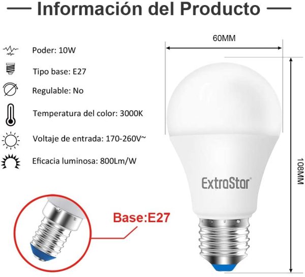 Lampadina LED E27, 10W (equivalenti a 80W), 3000K 800 lumen, luce bianca calda - Pacco da 6