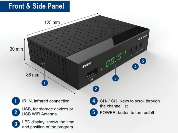 Decoder DVB-T2 HD EDISION PICCO T265 Ricevitore Digitale Terrestre Full HD DVBT2 H265 HEVC 10 Bit Bonus TV, FTA, USB, HDMI, SCART, Sensore IR, Supporto USB WiFi, Telecomando Universale 2in1, Main 10 - immagine 5