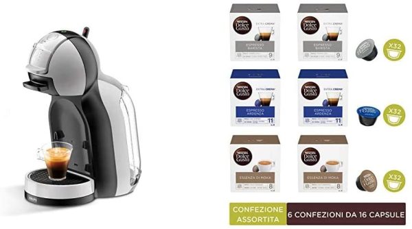 Mini Me KP123BK Macchina per Caff?? Espresso e Altre Bevande, Automatica, Grigio/Nero + Kit Degustazione di Caff?? Espresso Barista, Espresso Ardenza ed Essenza di Moka, 96 Capsule