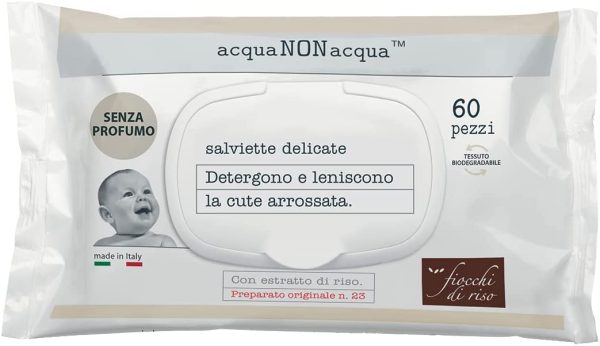 Fiocchi di Riso - SALVIETTE Acqua NON Acqua - senza profumo - 60pz con placchetta - CAMBIO PANNOLINO - Detergono e leniscono la cute arrossata del neonato.