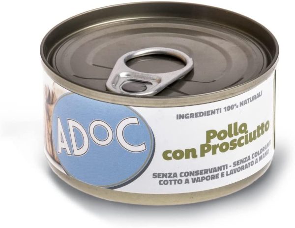 Adoc - Cibo Umido per Gatti Adulti con Ingredienti Naturali Pollo con Prosciutto - 24 lattine da 85gr - immagine 2