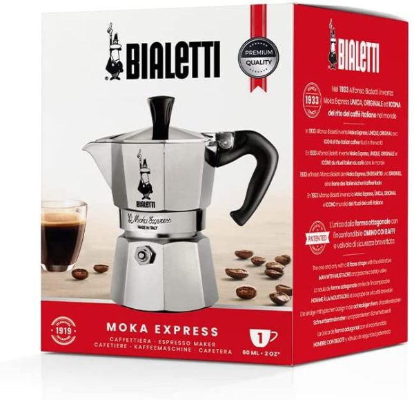 Caffettiera Moka Express 1 Tazze, Manico Anti Scottatura, Non Adatta a Induzione, 1 Tazze (60 ml), Alluminio