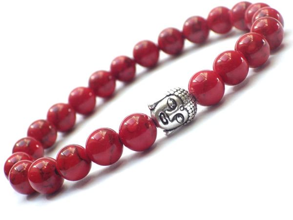 Bracciale donna etnico Zen Thurcolas in perle di turchese ricostituite colorate di rosso e Buddha in metallo argentato - immagine 4