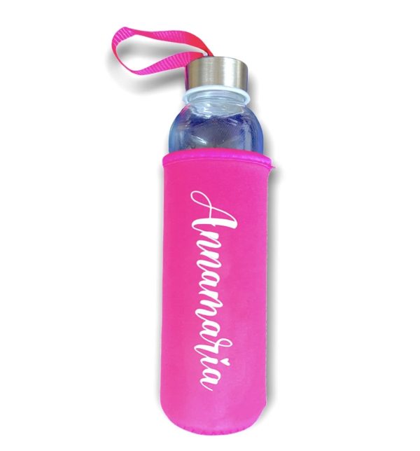 Borraccia in vetro personalizzata con nome. Bottiglia d'Acqua da 500ml con tappo a prova di perdite e custodia protettiva, perfetta per Ufficio, Fitness, Viaggi. Idea regalo - immagine 3