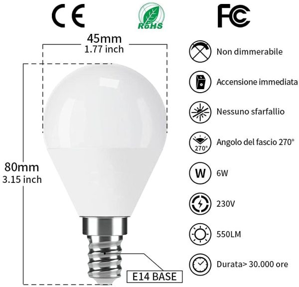 Lampadina LED E14 G45 6W, Luce Fredda 6500K Lampadine Led Attacco Piccolo E14 SES Base Classic Bulbo risparmio energetico(Equivalenti 40W), 550lm Non Dimmeriabile Nessun Sfarfallio Lampada Pacco da 6 - immagine 3