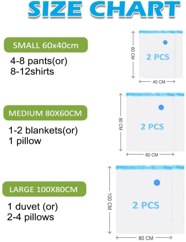 Sacchetti Sottovuoto Salvaspazio 6 Pezzi 2 Grandi 100x80cm + 2 Medie 80x60cm + 2 Piccole 60x40cm riutilizzabili per Vestiti Cuscini Biancheria - immagine 5