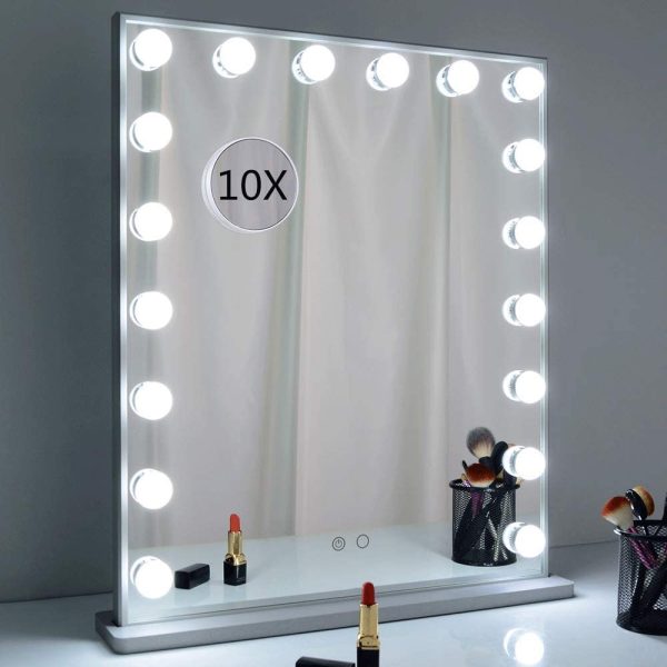 Specchio da Trucco Hollywood Specchio da toeletta con luci a LED 18 Pezzi Specchio da Parete con Specchio 10x ingranditore e Smart Touch Screen Specchietto da Toilette (Argento 52 * 61cm) - immagine 4