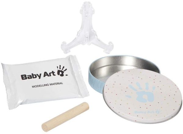 Baby Art Magic Box Scatola Tonda In Metallo Con Kit Impronta Per Calco Di Mani E Piedi Del Neonato, Regalo Nascita O Bomboniera Battesimo, Mano Azzurra - immagine 5