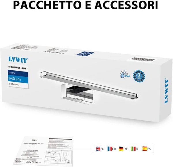 Luce LED da Specchio per Il Bagno,Lunghezza 400mm,IP44 Impermeabile Resistente ad Acqua,Antiruggine,8W,640LM,Luce Bianca Naturale 4000K,Lampada LED Parete Lavabo,Pacco da Una Unit?? - immagine 7