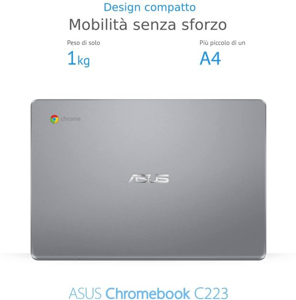 Chromebook C223#B08CVBK2J4 Notebook con Monitor 11,6" HD Anti-Glare, Intel Celeron N3350, RAM 4GB, 32GB eMMC, Sistema Operativo Chrome, Grigio - immagine 2