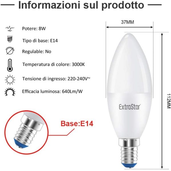 Lampadine LED Candela,E14,8W Equivalenti a 64W,3000K,luce bianca calda,Confezione da 6 - immagine 5