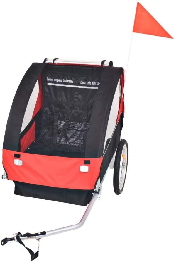 Rimorchio da Bici per Bambini, Rimorchio per bici Carrello per Bambini, Max. 30 kg, Sistema Cinghia a 5 Punti, 137 x 77 x 87 cm (rosso) - immagine 2