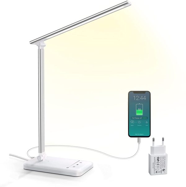 Lampada da scrivania a LED 5W, Lampada da Tavolo con Porta di Ricarica USB, Protezione degli occhi, Touch Control, 5 livelli di luminosit?? 5 Modalit?? di Illuminazione, per Ufficio & Studio, Argento - immagine 5