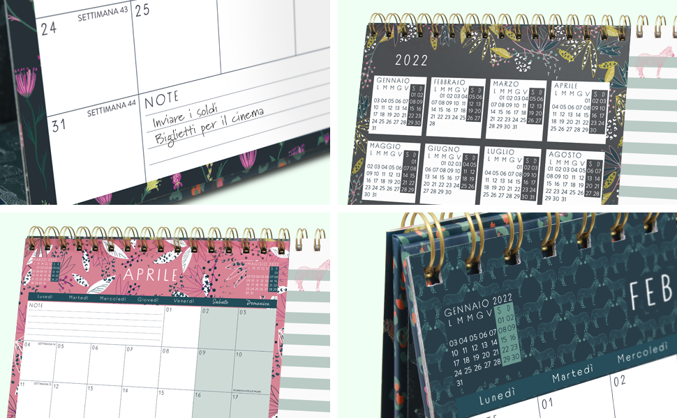 Spazio per le note, il layout mensile di Aprile ed esempi degli mini calendari annuali e mensili. 