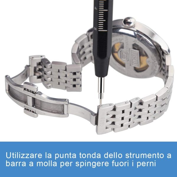 Vastar Orologio Strumento di Rimozione, Kit di Riparazione Orologi, Strumento Riparazione Regolabile per Cinturino Braccialetto di Orologio Link Pin Remover con Perni Supplementari - immagine 7