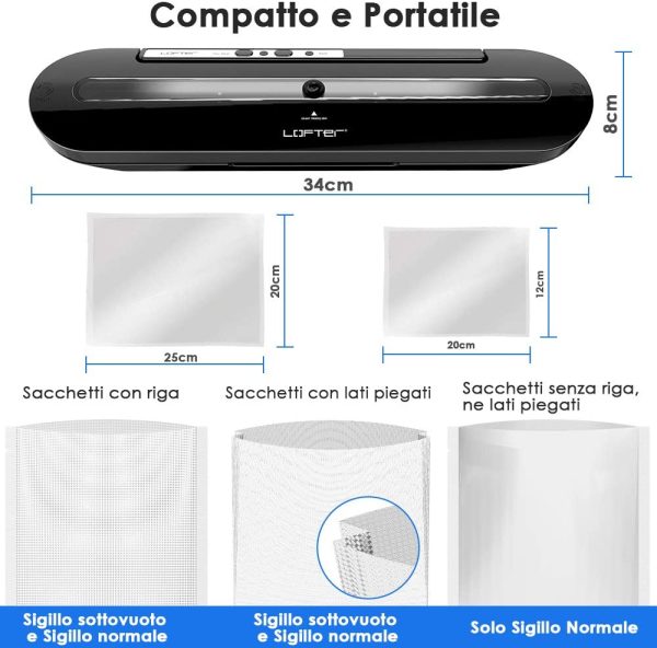 Macchina Sottovuoto per Alimenti Professionale LOFTER Sigillatrice Sottovuoto Automatica Portatile Vacuum Sealer Sigillatore a Vuoto Macchinetta Cibi Sottovuoto con 10 Sacchetti e 1 Tubo (80 watt) - immagine 6