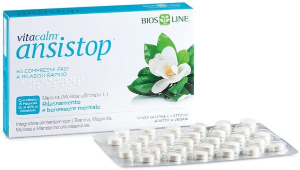 BIOS LINE VitaCalm Ansistop, 60 Compresse di integratore stress con L-Teanina, Magnolia e Melissa, Integratore rilassante che favorisce il benessere mentale, Senza glutine e adatto a vegani - immagine 2