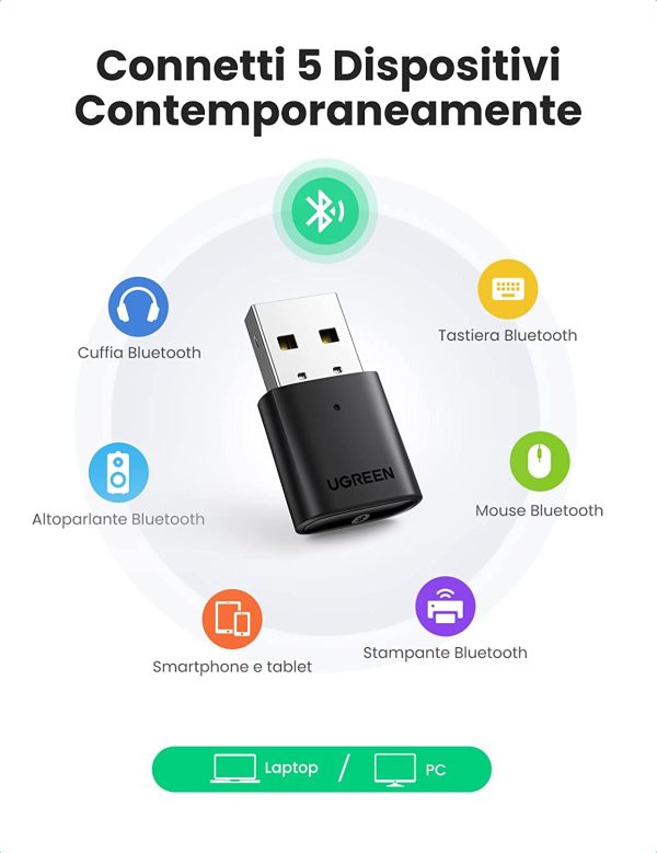 Adattatore Bluetooth 5.0 USB 2.0 Dongle, Trasmettitore Bluetooth USB 2.0 Portata Fino a 20M Compatibile con Windows 10/8.1/7 - immagine 7