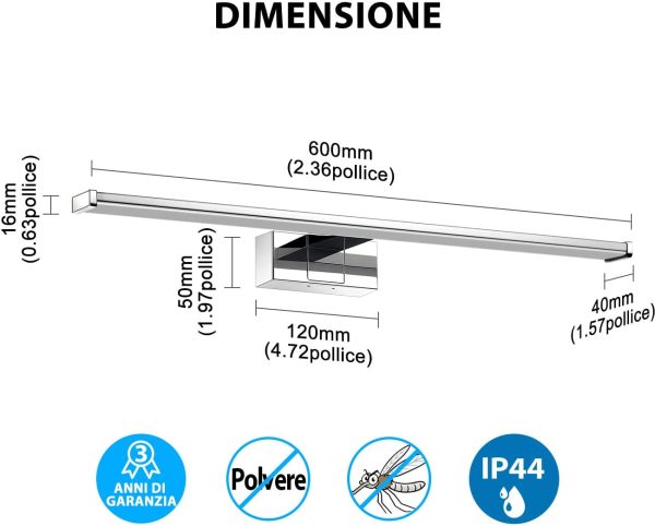 Luce LED da Specchio per Il Bagno,Lunghezza 600mm,IP44 Impermeabile Resistente ad Acqua,Antiruggine,12W,960LM,Luce Bianca Naturale 4000K,Lampada LED Parete Lavabo,Pacco da Una Unit?? - immagine 3