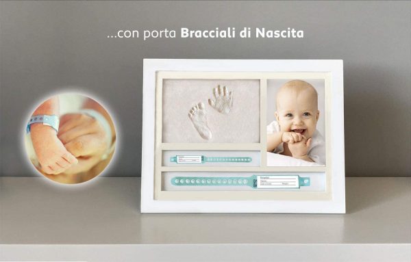 MUBY, CORNICE IMPRONTE NEONATO mani e piedi e PORTA BRACCIALI DI NASCITA |3 Passepartout inclusi| Idea Regalo nascita e battesimo bambino e bambina, Cornice da Tavolo e da Parete, Kit impronte neonato