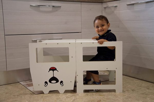 Arte del Legno, HAPPY TOWER Torre Montessoriana di Apprendimento per Bambini bianca, Trasformabile Pieghevole in Tavolino e Antimacchia.