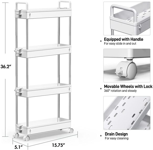 Carrello portaoggetti a 4 Ripiani Carrello Scorrevole e Scorrevole Carrello portaoggetti Mobile per Cucina, Bagno, Lavanderia, Camera da Letto, spazi Stretti, plastica, Bianco