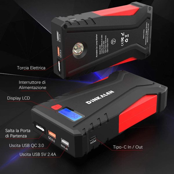 Avviatore Batteria Auto, 800A 12800mAh Portatile Avviatore Emergenza per Auto/Moto (Motori Fino a 6.0L Benzina/5.0L Diesel), Avviatore Auto con QC 3.0 e Tipo C, Torcia a LED, Schermo LCD (N) - immagine 2